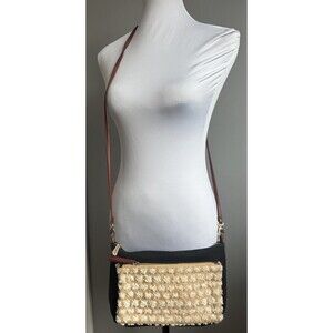 Tommy Bahama Black Linen Crossbody Bag Beige Outer Pocket Shoulder Bag Purse EUC